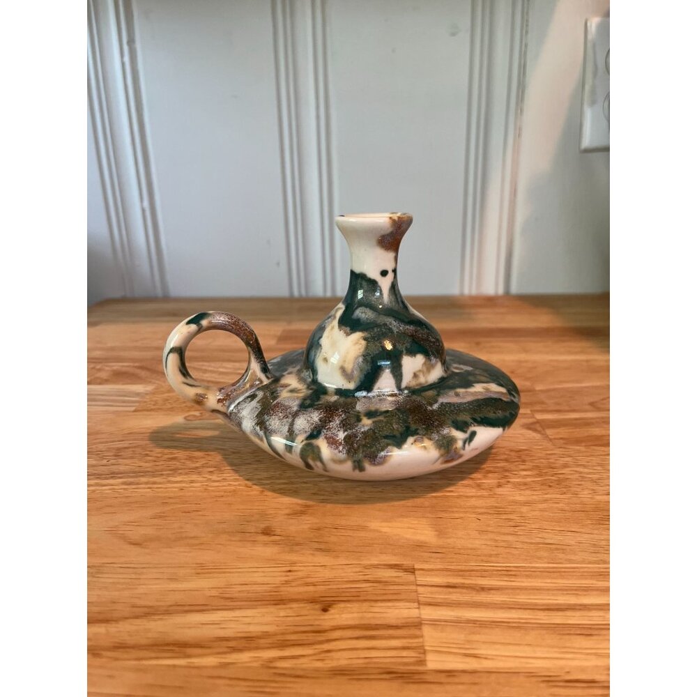 Vintage Boho Handcrafted Ceramic Oil Lamp Candle Stick w Handle Kravec Studio